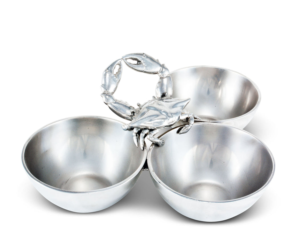 Arthur Court Designs Aluminum Crab 3-Bowls Dip / Sauce Serving Set 13" Long 2.5" Tall