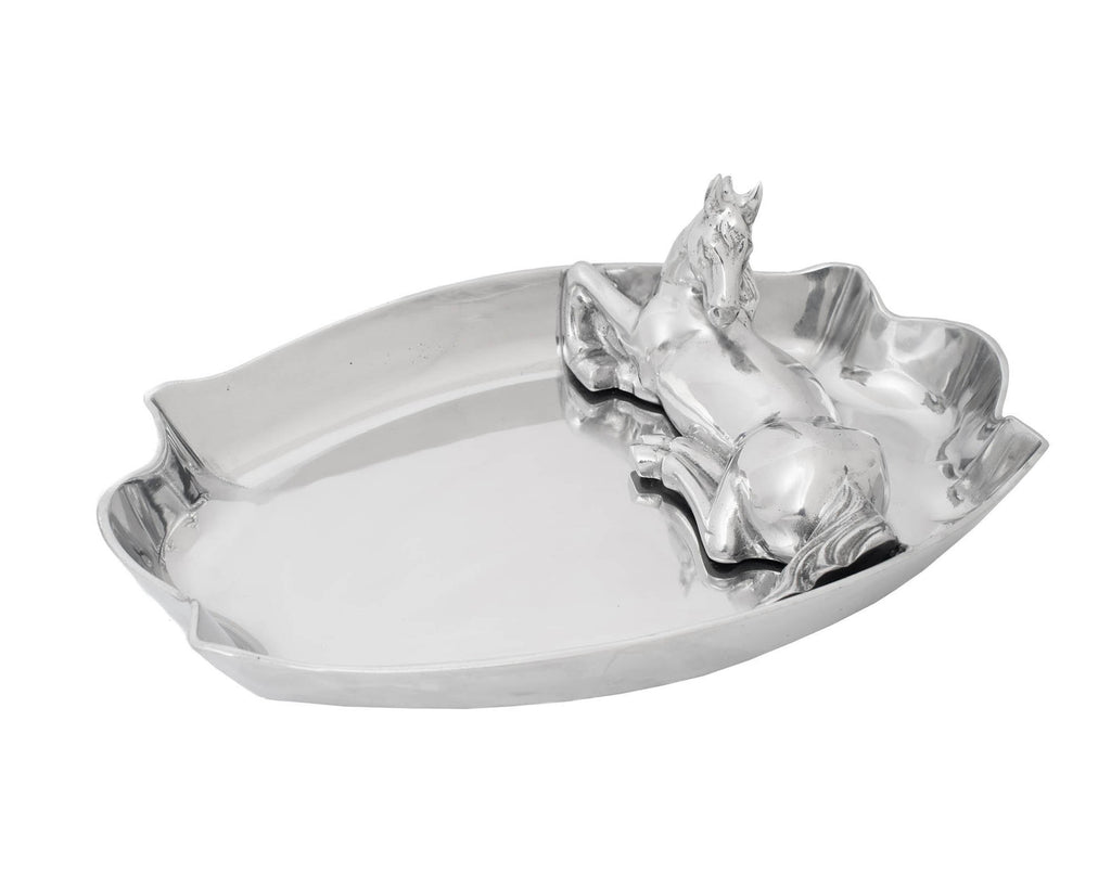 Arthur Court Metal Equine Chip and Dip Platter with Figural Horse Sand Casted in Aluminum with Artisan Quality Hand Polished Designer Tanish-Free Equestrian Décor 14.5 inch Diameter