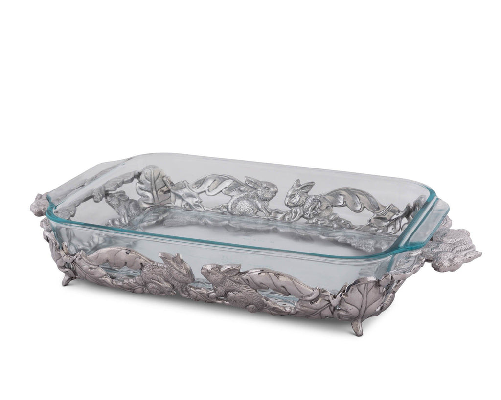 Arthur Court Silver Metal Bunny Pattern Pyrex Casserole Dish Holder Trivet for 3 Quart Pyrex - Easter Table Service of Glass Baking Dish 18"