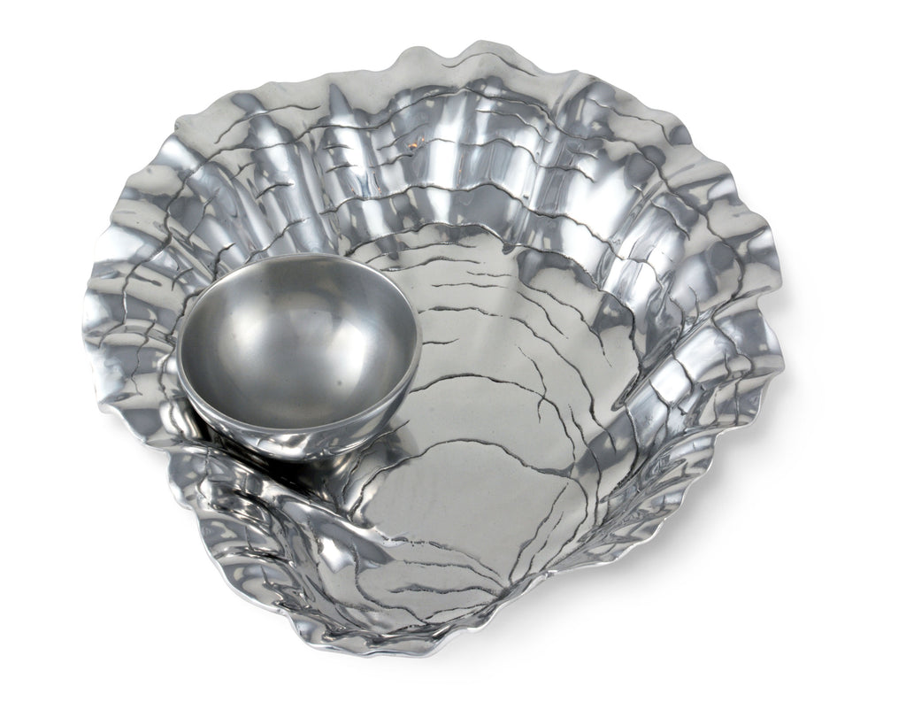 Arthur Court Aluminum Metal Oyster Chip Bowl with Pearl Dip Bowl - Formal and Everyday Coastal decor 15.5" Diameter