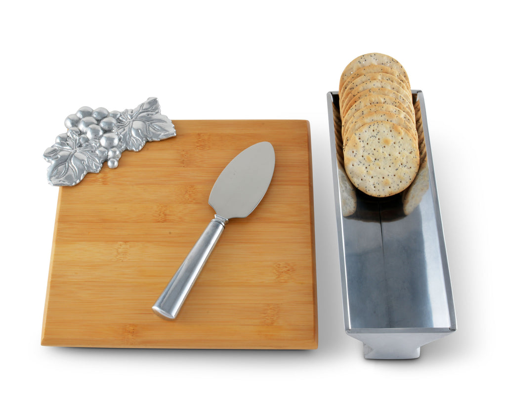 Arthur Court Designs Bamboo Cheese Board with Aluminum Grape Accent Cracker Tray and Spreader