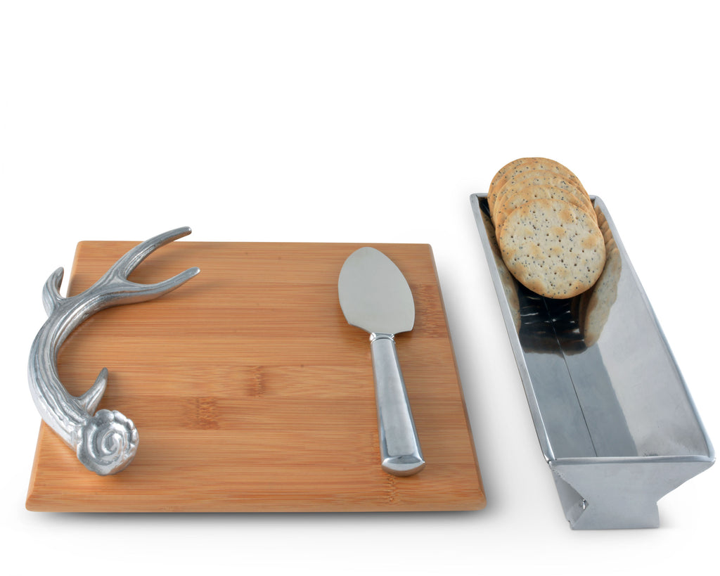 Arthur Court Designs Bamboo Cheese Board with Antler Accent Cracker Tray and Spreader