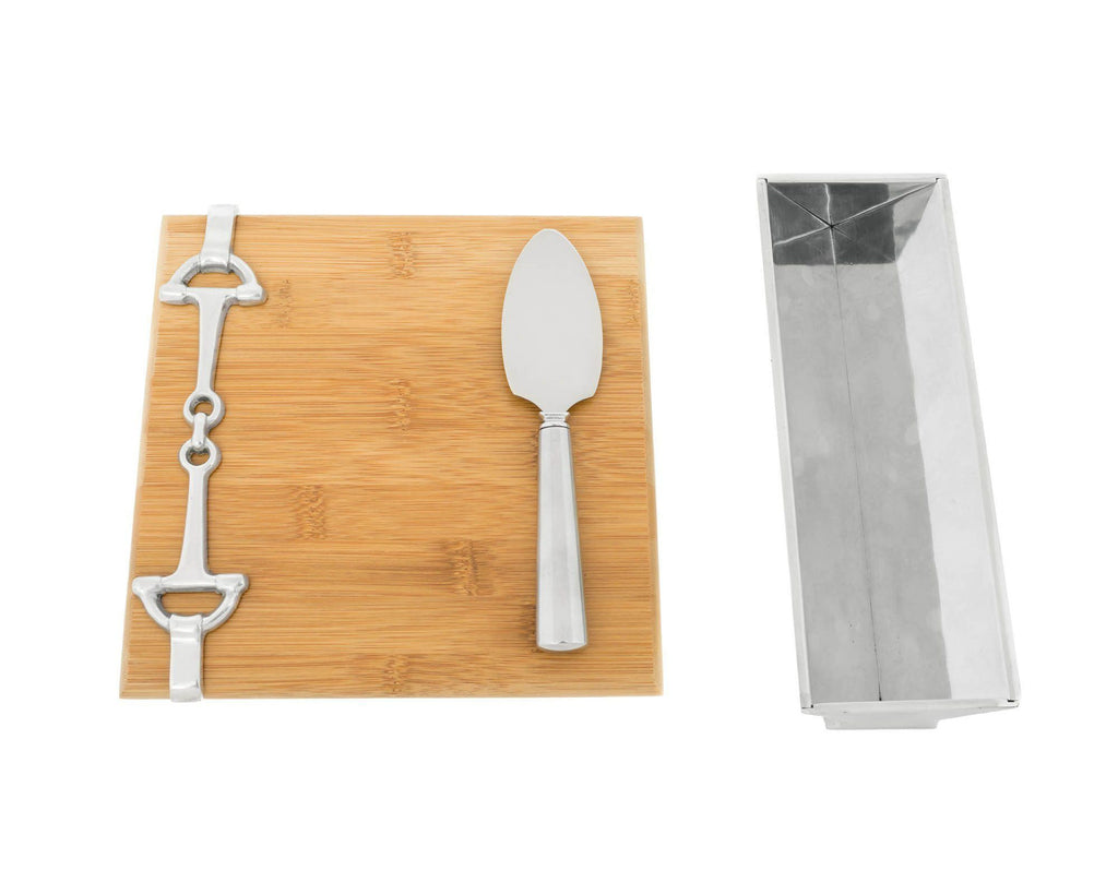 Arthur Court Designs Bamboo Cheese Board with Aluminum Equestrian  Accent Cracker Tray and Spreader