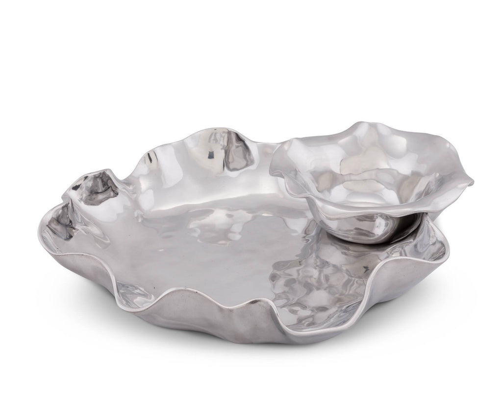 Arthur Court Metal Modern Two Piece Chip and Dip Platter and Dip Bowl in Carmel Pattern Sand Casted in Aluminum with Artisan Quality Hand Polished Designer Tanish-Free 15 Inch Wide