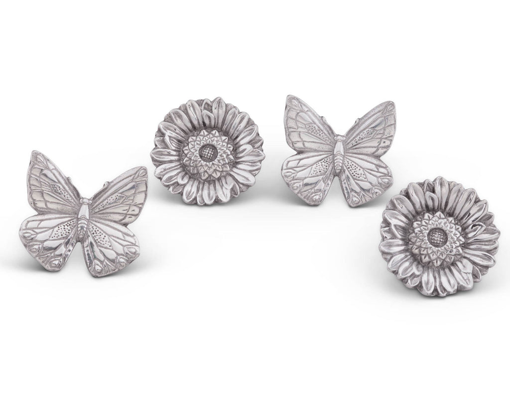 Arthur Court Aluminum Butterflies and Flowers Napkin Ring Set of 4; Pair of Butterflies and Pair of Flowers; 3" Tall  Artisan Crafted Designer Rings