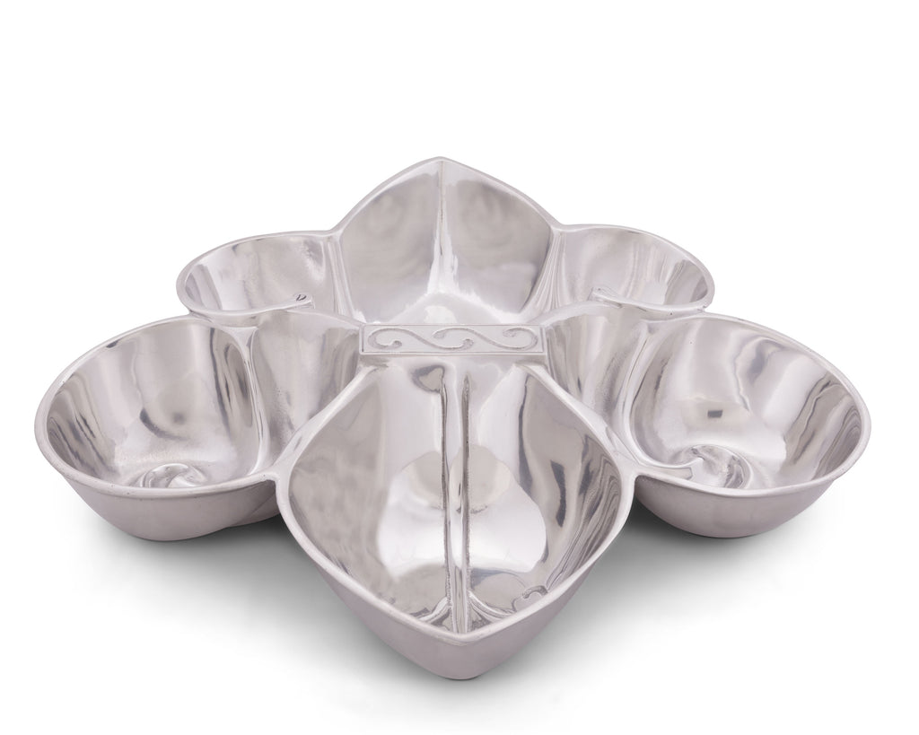 Arthur Court Designs Metal 4 Compartment Fleur De Lis Pattern Sand Casted in Aluminum with Artisan Quality Hand Polished Designer Tanish-Free 17 inch diameter