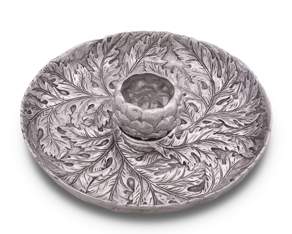 Arthur Court Designs Metal Chip and Dip Platter in Artichoke Pattern Sand Casted in Aluminum with Artisan Quality Hand Polished Designer Tanish-Free 14 inch diameter