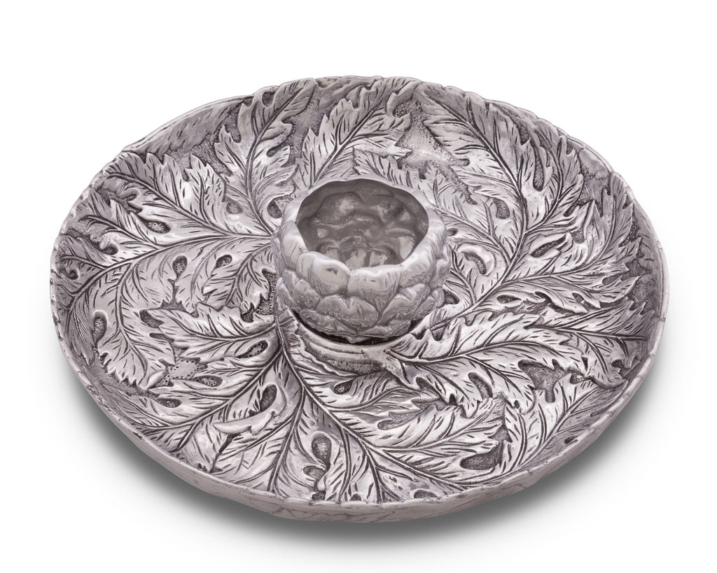 Arthur Court Designs Metal Chip and Dip Platter in Artichoke Pattern Sand Casted in Aluminum with Artisan Quality Hand Polished Designer Tanish-Free 14 inch diameter
