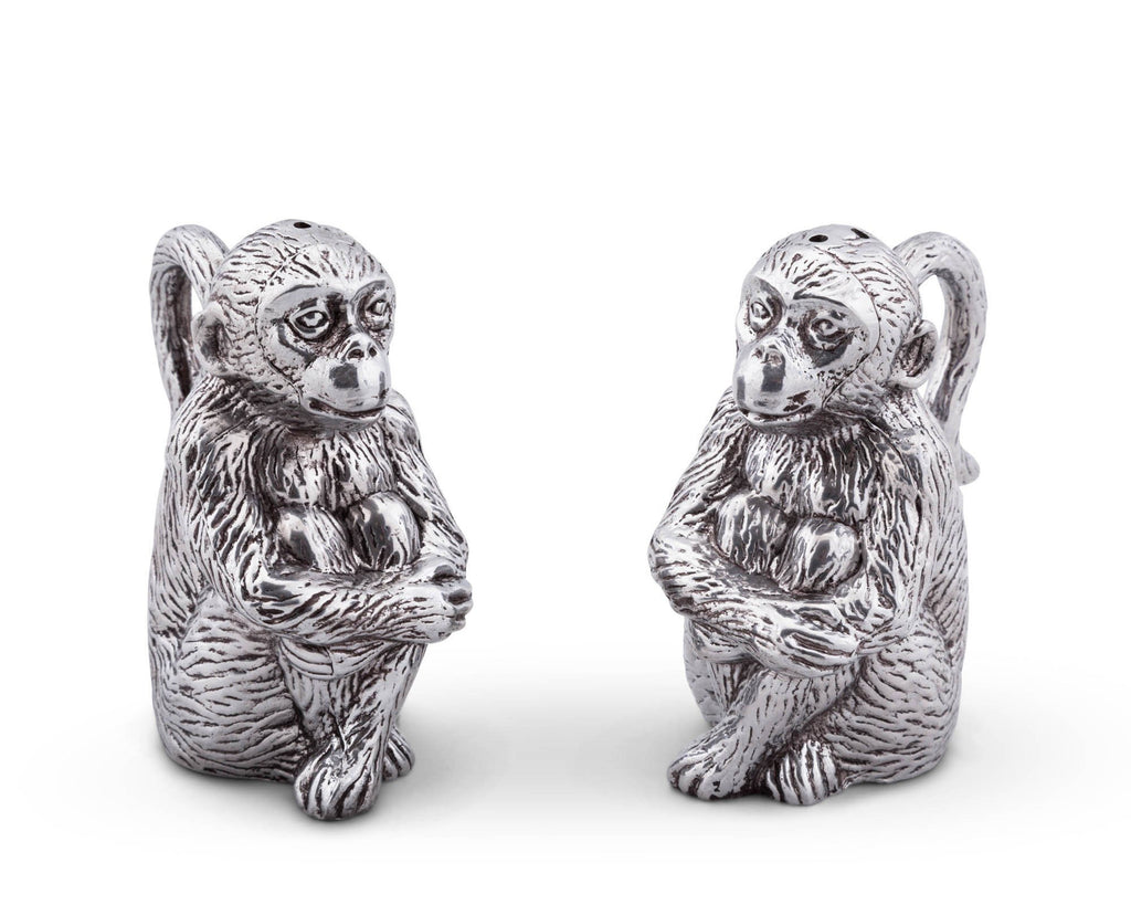 Arthur Court Aluminum Monkey Salt and Pepper Shacker Set - Metal refillable S&P  4 inches tall