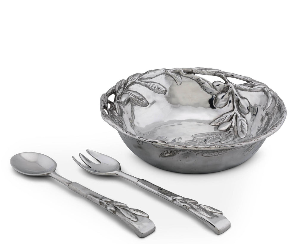 Arthur Court Sand-Cast Aluminum Salad Set; Olive Pattern, 3 pieces, 12" Diameter Bowl plus 2 servers