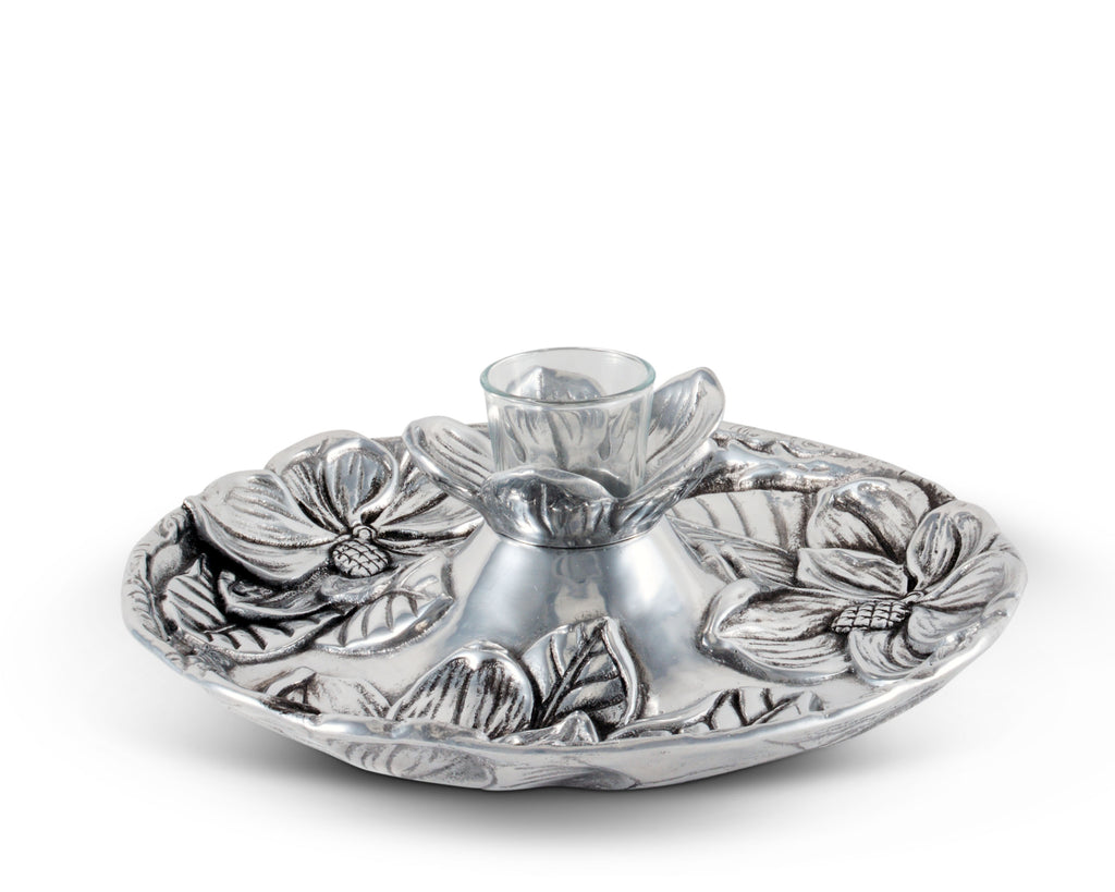 Arthur Court Aluminum Metal Magnolia Flower Pattern Tidbit Cheese Hors d'oeuvres Snack Tray with Glass for Toothpick - Durable Metal Entertaining Platter 10.5" Diameter x 3.25" Tall