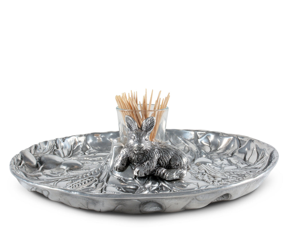 Arthur Court Aluminum Metal Rabbit Bunny Pattern Tidbit Cheese Hors d'oeuvres Tray with Glass for Toothpick - Durable Metal Silver Easter Entertaining 10.5" Diameter x 2.5" Tall