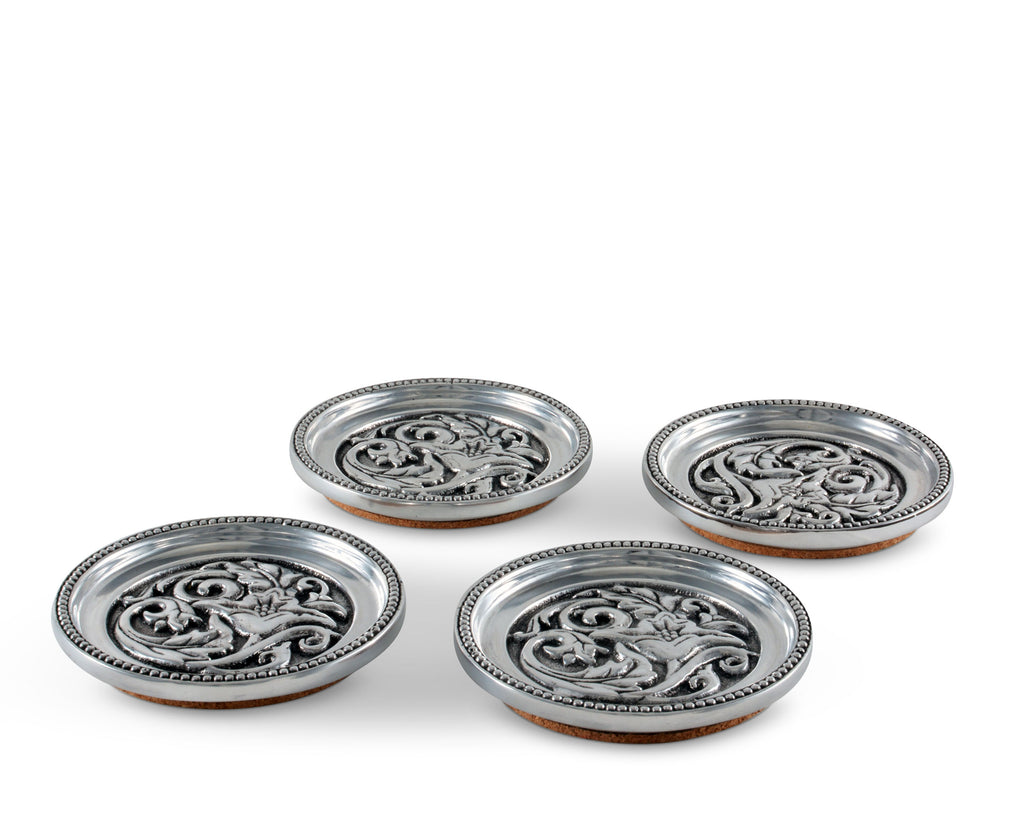 Arthur Court Aluminum Metal Western Concho Drink Coasters for Home Counters, Kitchen, Dining , Living Room, Patio, Coffee Table, Metal Holder Cork Padding Set of 4 Stackable -  4" Diameter .5" Thick