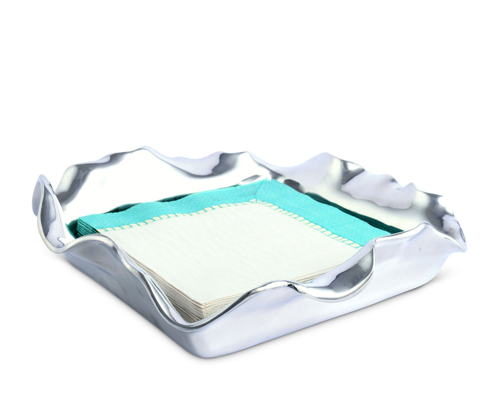 Arthur Court Napkin Holder Box Modern Wave Cast Aluminum Luncheon Size | Perfect for all sizes of X-Large Paper Lunch Square Napkins or Use as serving tray 11" x 11"