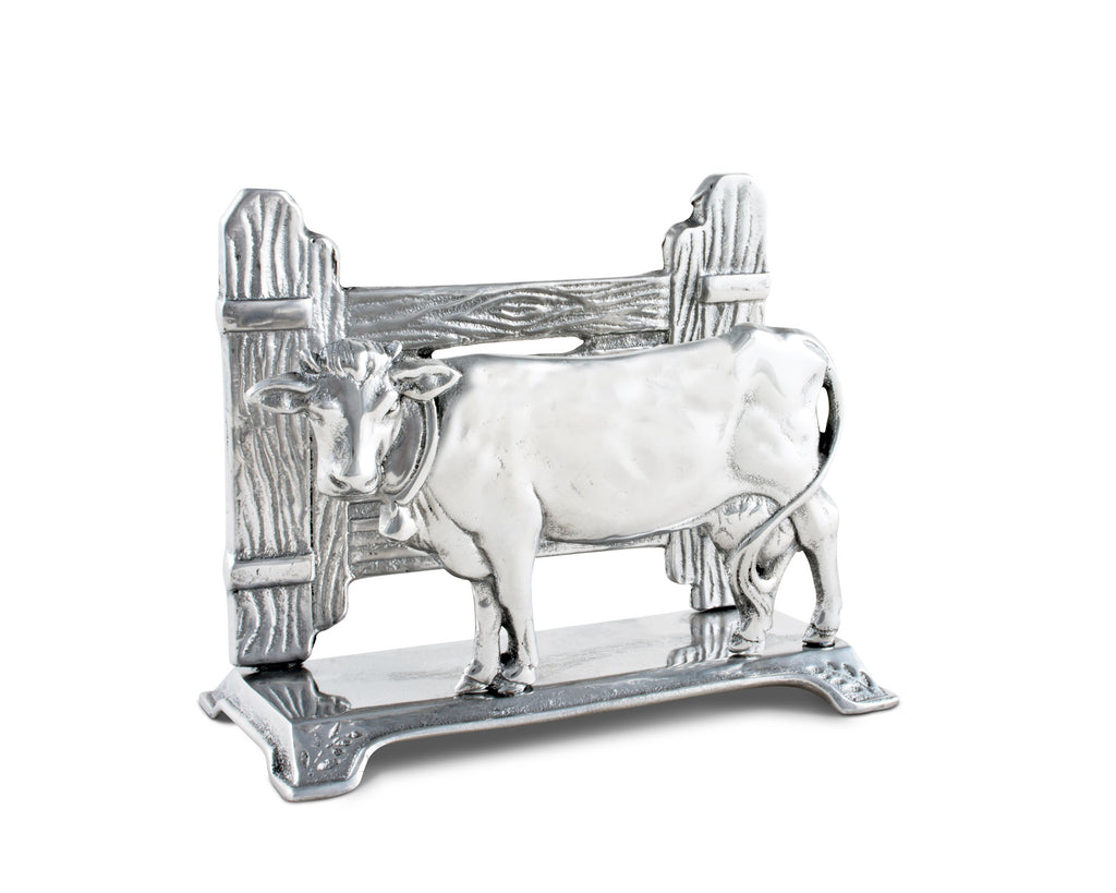 Decorative Arthur Courtt Cow Napkin Holder Display Stand with Fence Accents for Countertop Rustic Country Kitchen Décor As Farm Animal Gifts for Farmers