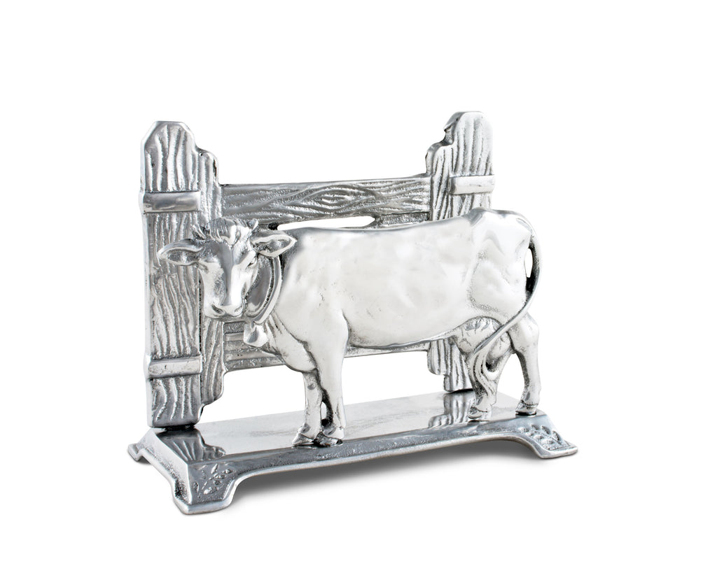 Decorative Arthur Courtt Cow Napkin Holder Display Stand with Fence Accents for Countertop Rustic Country Kitchen Décor As Farm Animal Gifts for Farmers