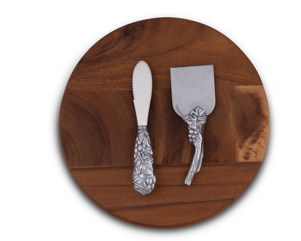 Arthur Court Grape Pattern Wood Board and Cheese Tool Set -Aluminum Handle Cheese Breaker Knife and Spreader and 10 Inch Diameter Round Wood Board 