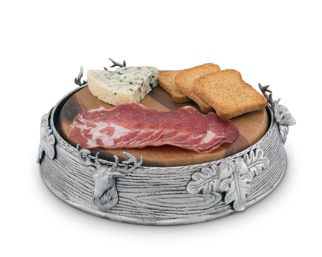 Arthur Court Aluminum Alloy Pedestal Cheese / Cake Stand with Removable Acacia Board; Elk Head Pattern; 10" Diameter