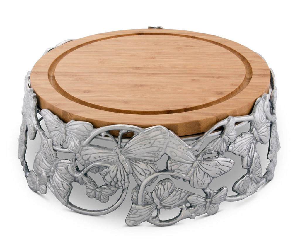 Arthur Court Designs Aluminum Butterfly Garden Bamboo Cheese Board Charcuterie Platter & Serving Tray Pedestal Diameter: 13"  Tall 4"