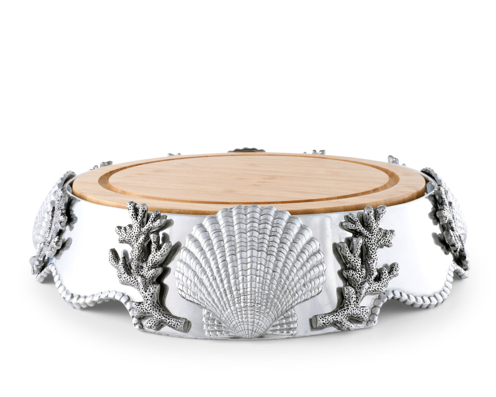 Arthur Court Coastal Pattern Aluminum Alloy Pedestal Cheese / Cake Stand with Removable Acacia Board 13" Diameter