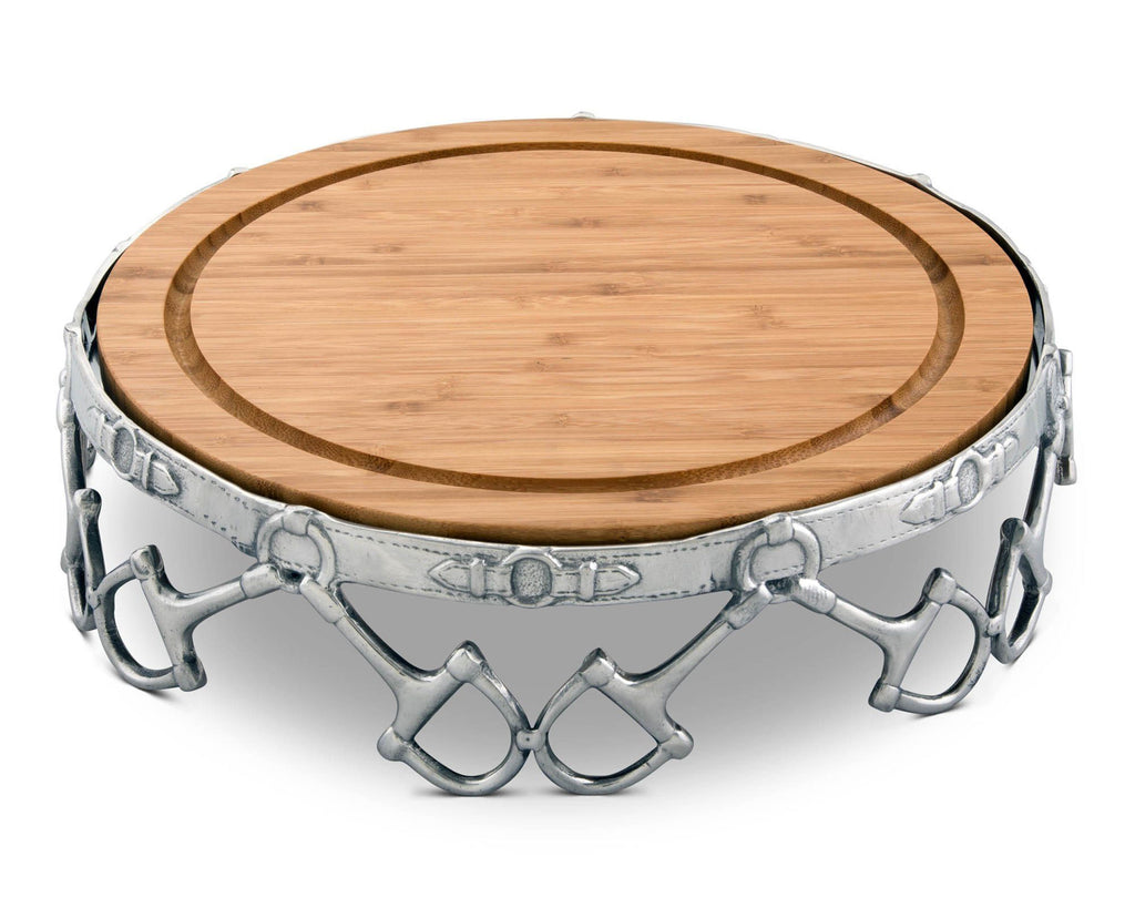 Arthur Court Aluminum Alloy Equestrian D-Ring  Pattern Pedestal Cheese / Cake Stand with Removable Acacia Board; 13" Diameter