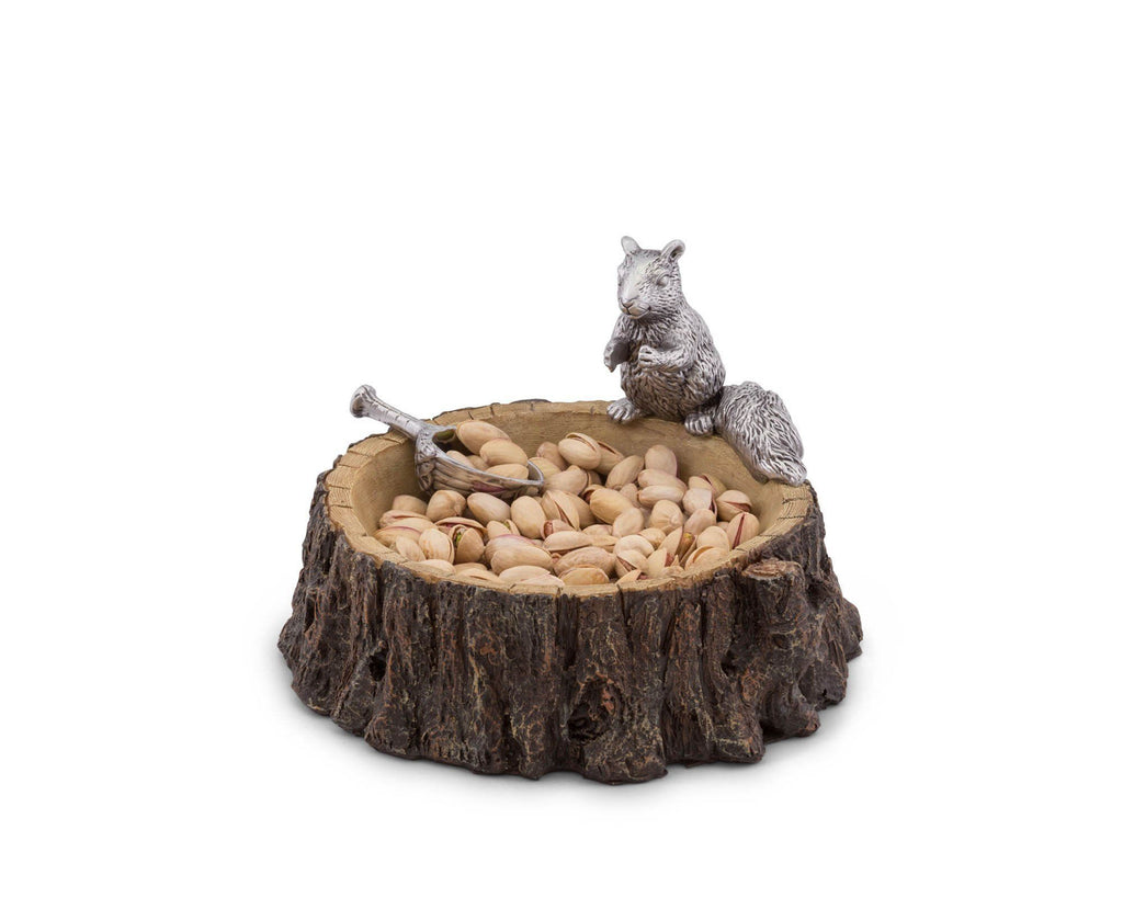 Arthur Court Designs Aluminum Standing Squirrel on Log Nut / Candy / Snack Bowl Dish 7" Diameter