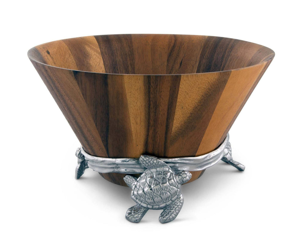 Arthur Court Acacia Wood Salad Serving Bowl with Swimming Sea Turtle Metal Cast Aluminum Stand - Ocean / Coastal Table 2 pieces