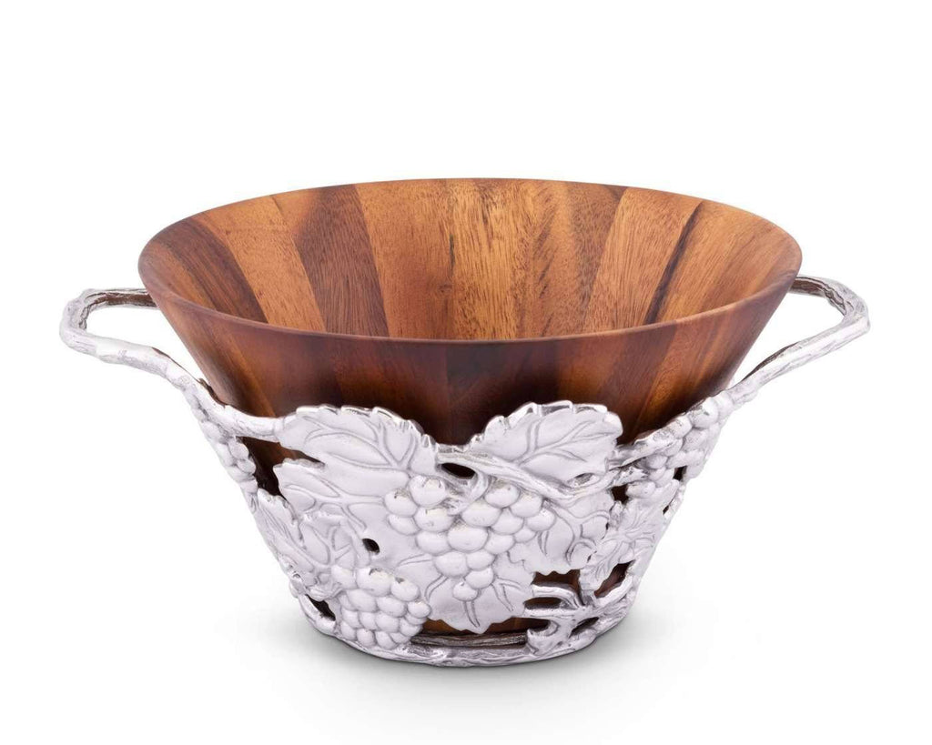 Arthur Court Designs Acacia Wood Salad Bowl with Aluminum Grape pattern stand 12" Diameter