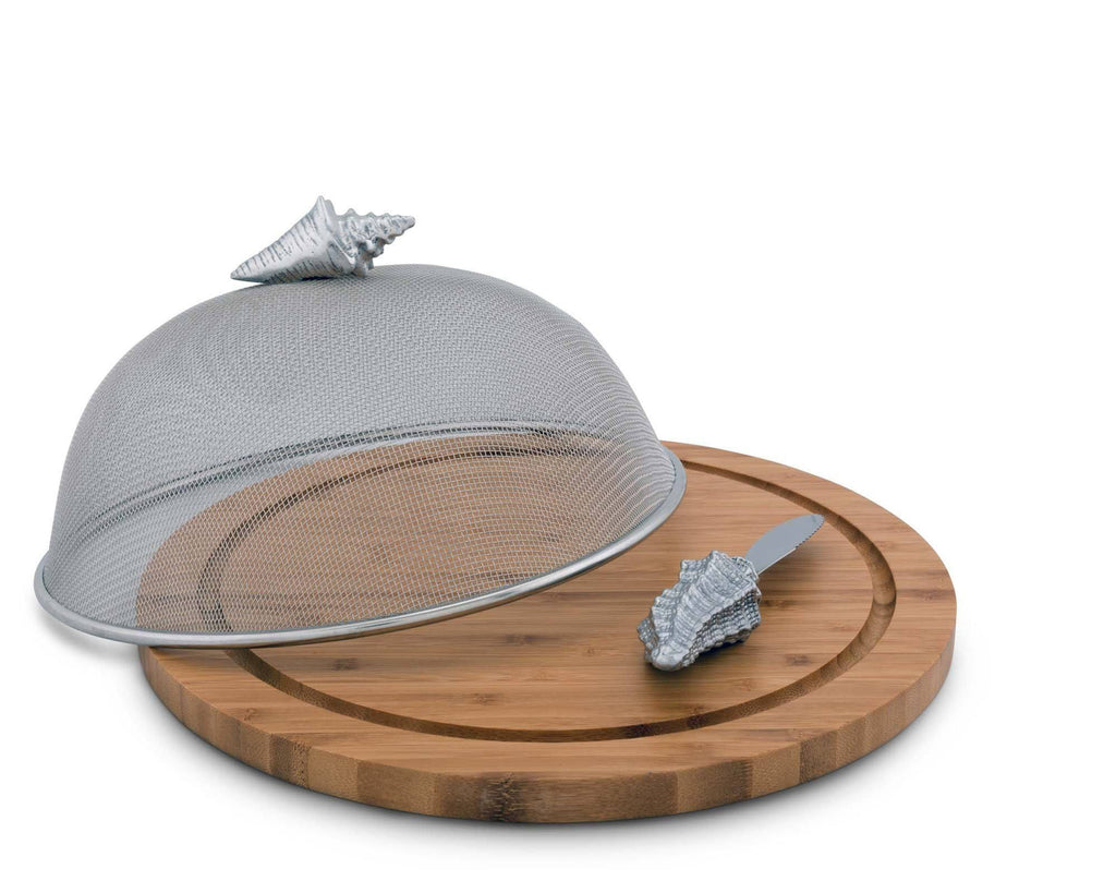 Arthur Court Conch Shell Ocean Pattern Picnic Mesh Cheese Cover with   Bamboo Cheese Board & Spreader  13" Board / 6.5" Tall Screen