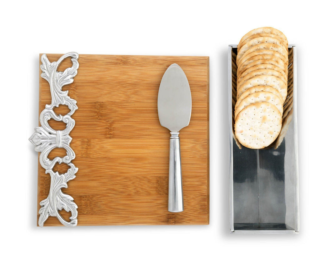 Arthur Court Designs Bamboo Cheese Board with Aluminum Acanthus Accent Cracker Tray and Spreader