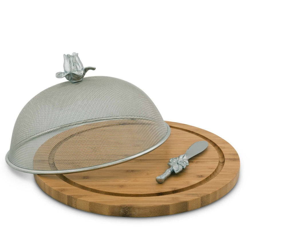 Arthur Court Magnolia Pattern Picnic Mesh Cheese Cover with Bamboo  Cheese Board & Spreader  13" Board / 6.5" Tall Screen