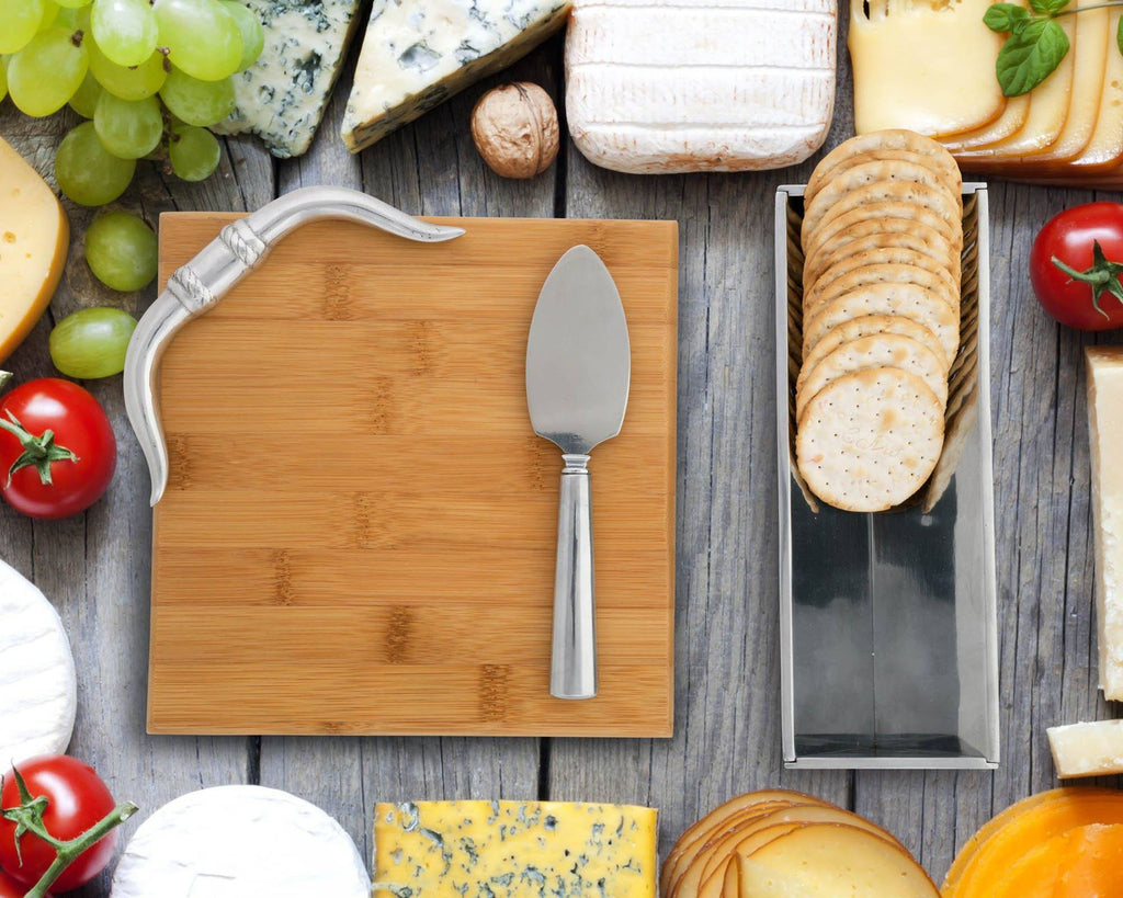 Arthur Court Designs Bamboo Cheese Board with Aluminum Longhorn Accent Cracker Tray and Spreader