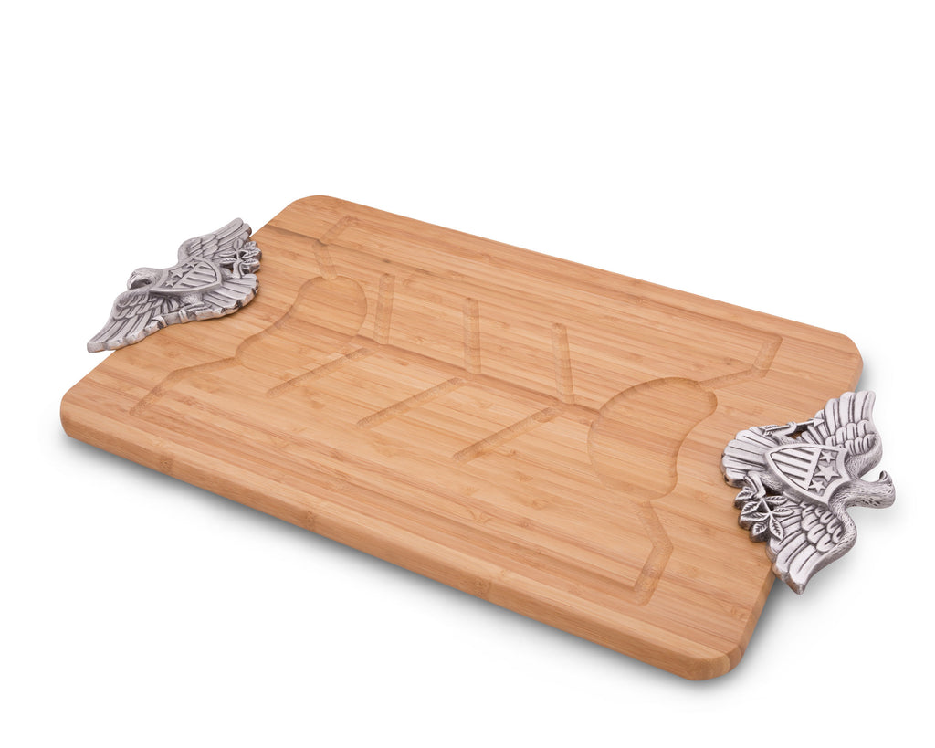 Arthur Court Metal American Eagle Handle Bamboo  Wood Carving / Cheese Board Large Tray for Serving Meats or Appetizer 23.5 Inch