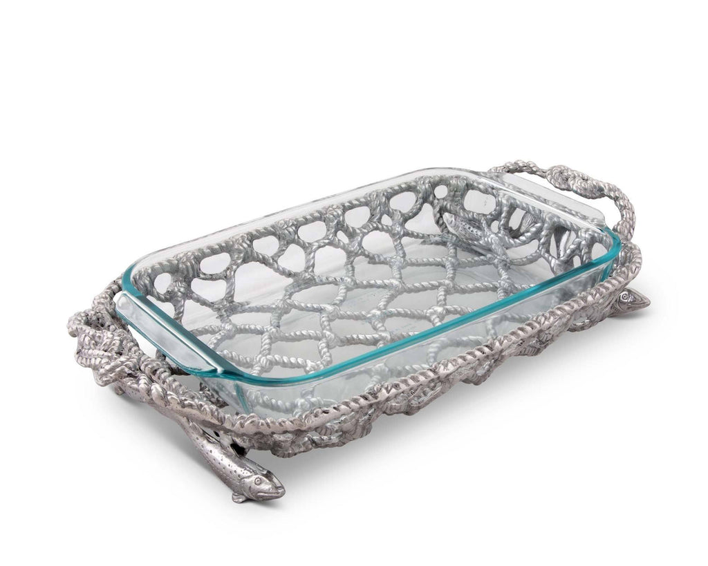 Arthur Court Metal Pyrex Glass Casserole Dish Holder Fish and Net Pattern Sand Casted in Aluminum with Artisan Quality Hand Polished Design Tanish-Free 19 inch long, 3 quart capacity