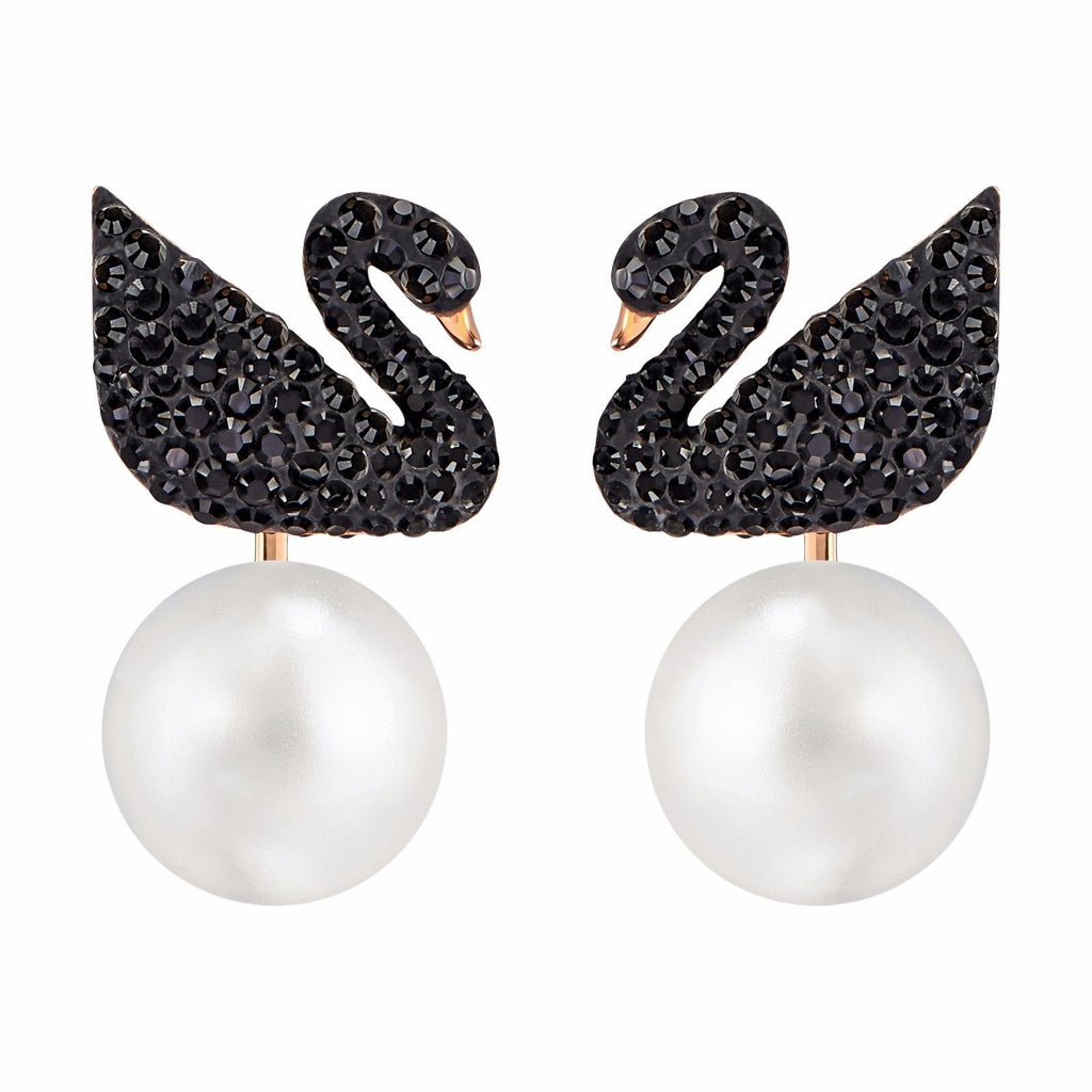 Swarovski Iconic Swan Pierced Earring Jackets Black Rose Gold Plating 5193949