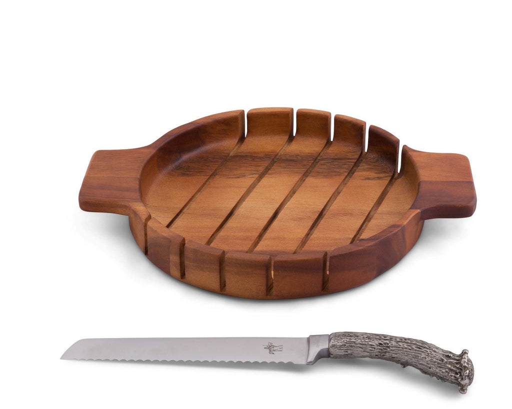 Vagabond House Lodge Style Round Bread Board with Antler Knife A226HA