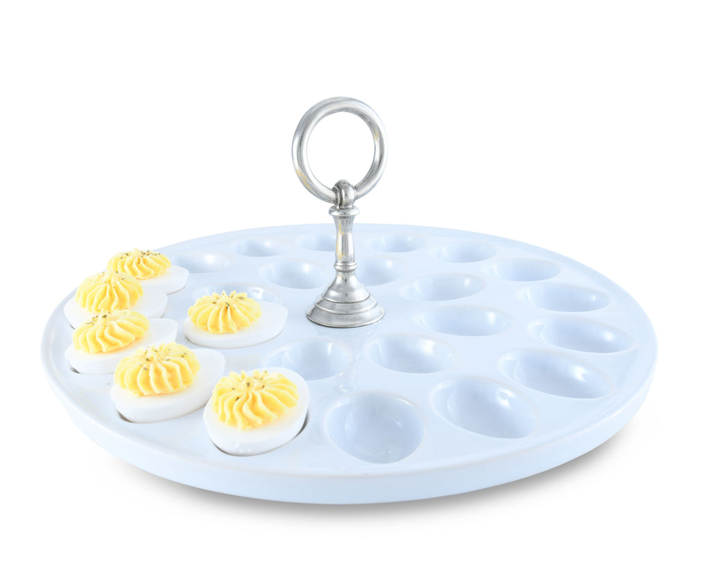 Vagabond House Medici Living Deviled Egg Tray with Pewter Classic Ring Handle E303CL