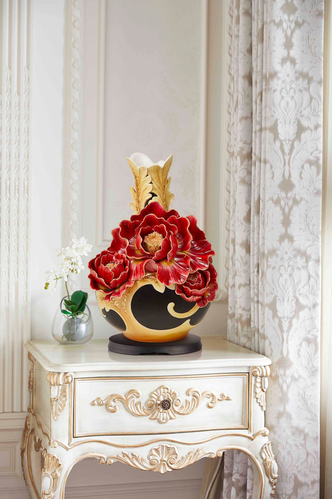 Franz Collection Striking Vermillion Peony Flower Round Vase With Base Fz03765