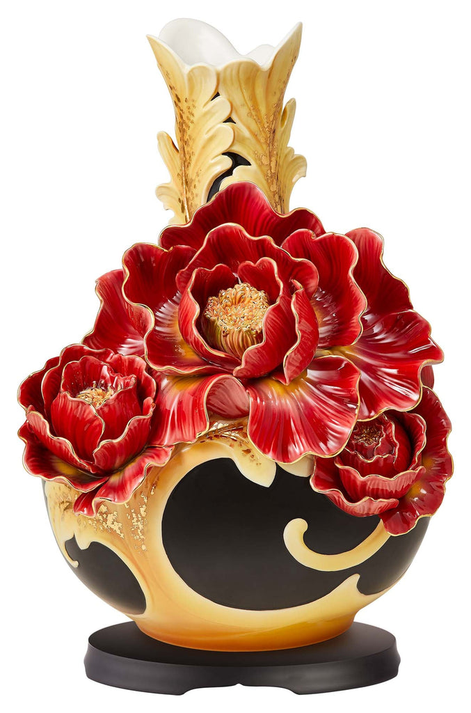 Franz Collection Striking Vermillion Peony Flower Round Vase With Base Fz03765