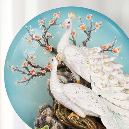 Franz Collection Happiness And Reunion White Peacock Figurine With Wooden Base Fz03930