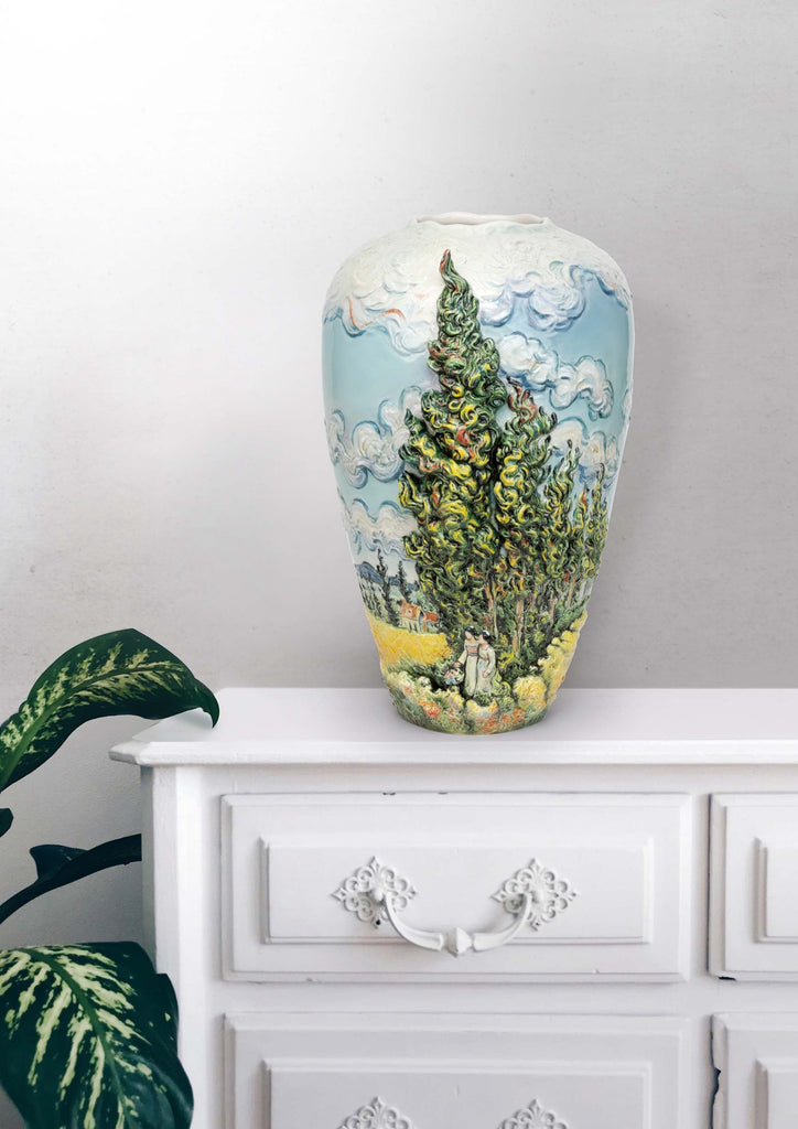 Franz Collection Van Gogh Evergreen Cypress Cypress Vase With Wooden Base Fz03940