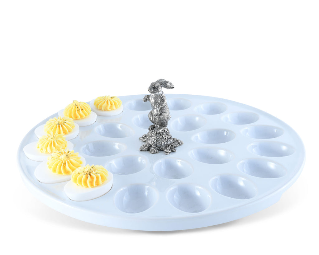 Vagabond House Garden Friends Deviled Egg Tray with Pewter Standing Rabbit G302SR