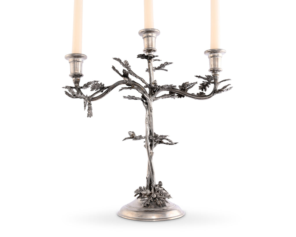 Vagabond House Majestic Forest Three Taper Pewter Oak Leaf Candelabrum L101M