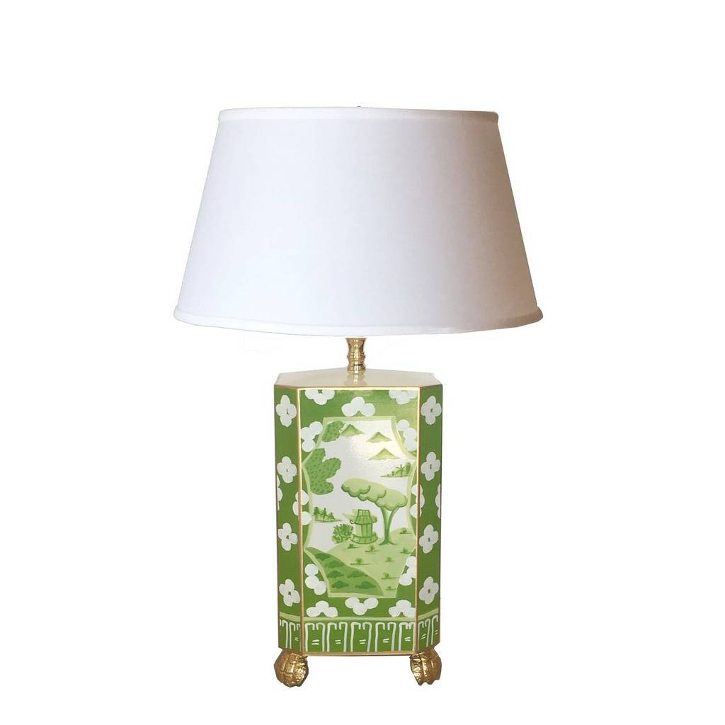 Dana Gibson Canton in Green Lamp with White Shade Small