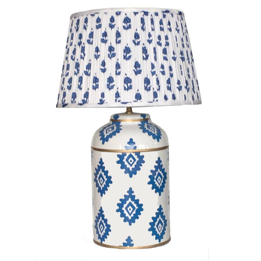 Dana Gibson Navy Block Print Tea Caddy Lamp with Pleated Blue Fleur Shade