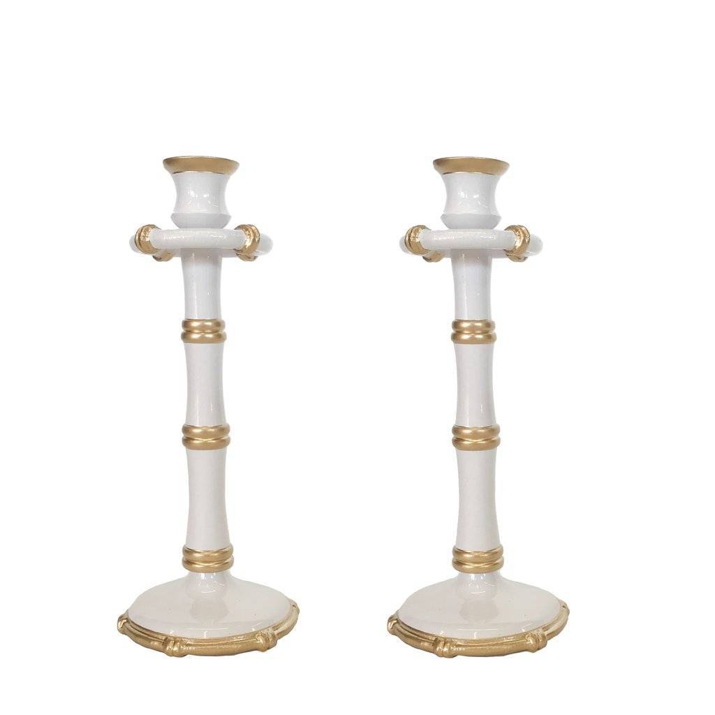 Dana Gibson Pair of Tall Bamboo Candlesticks in White