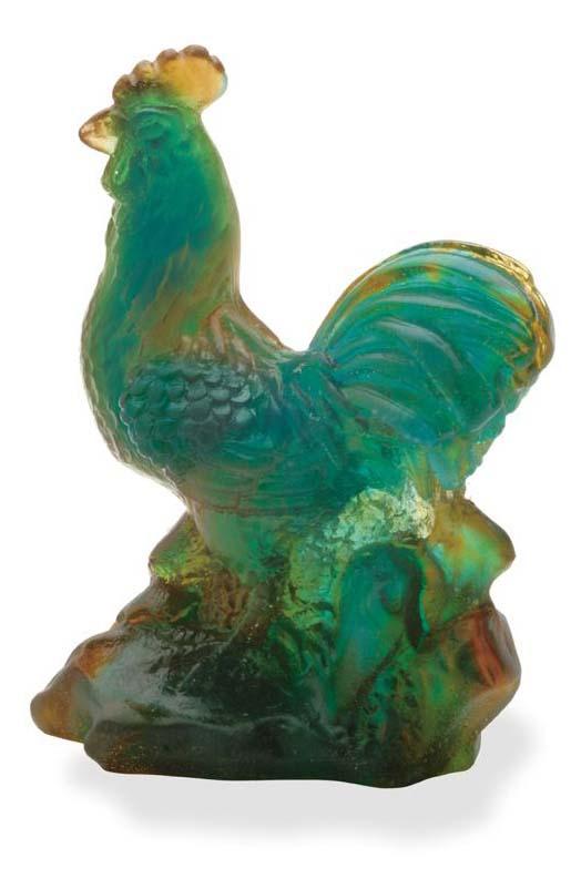 Daum Crystal Amber Green Rooster Figurine 02693