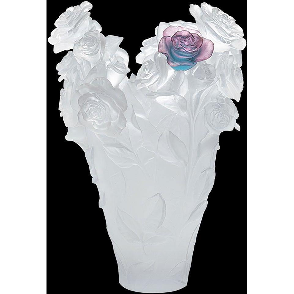 Daum Crystal White Vase & Green/Pink Flower Magnum 05106-8