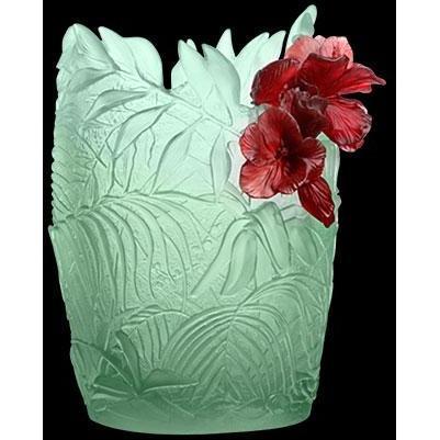 Daum Hibiscus Vase Medium Light Green Red 05494