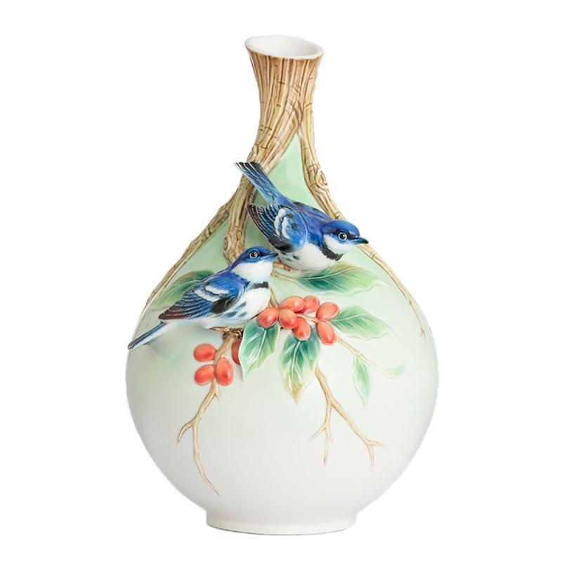 Franz Collection Florissima Cerulean Warblers On Coffee Tree Mid Vase FZ02877